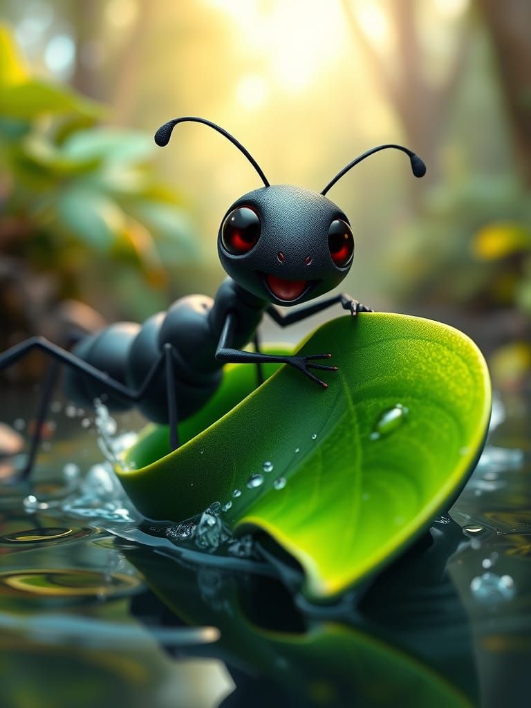 Whimsical Cartoon Leaf Boat Ride with Excited Tiny Ant