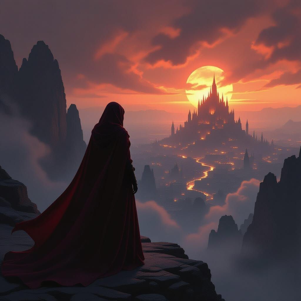 Woman Gazes at Burning City on Celestial Precipice