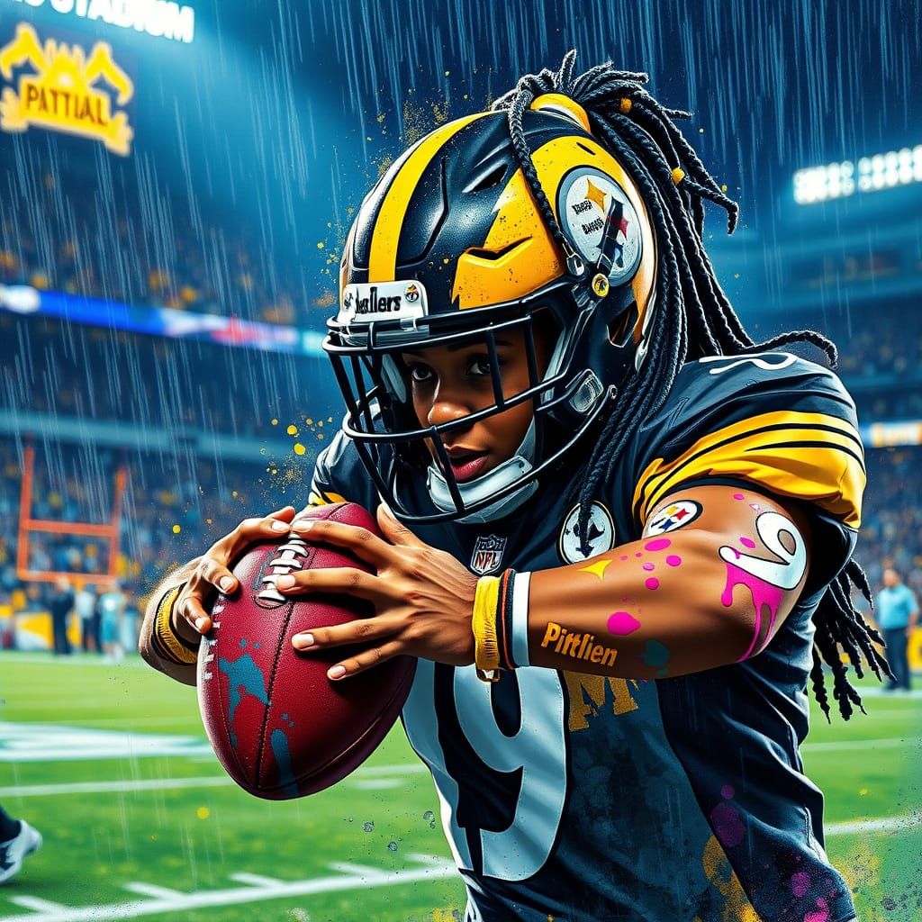Steelers Football Player on Rainy Night in Acrisure Stadium