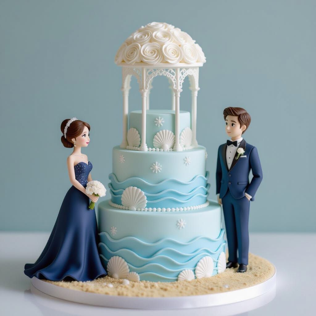 Elegant Sky Blue Beach Wedding Cake Design
