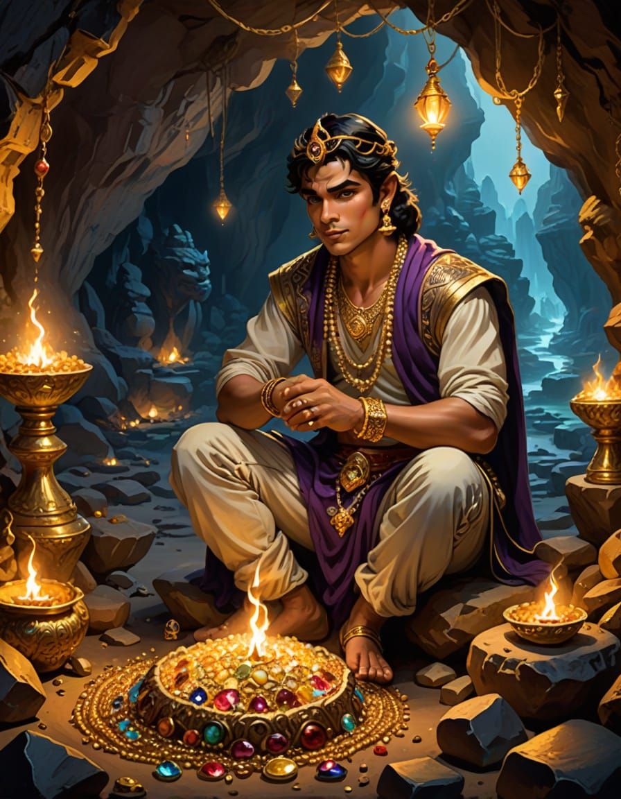 Wealthy Aladdin Adorned in Opulent Jewels within a Cave's Wa...