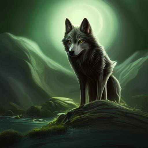 Black Moon Wolf with Green Eyes in Detailed Matte Painting