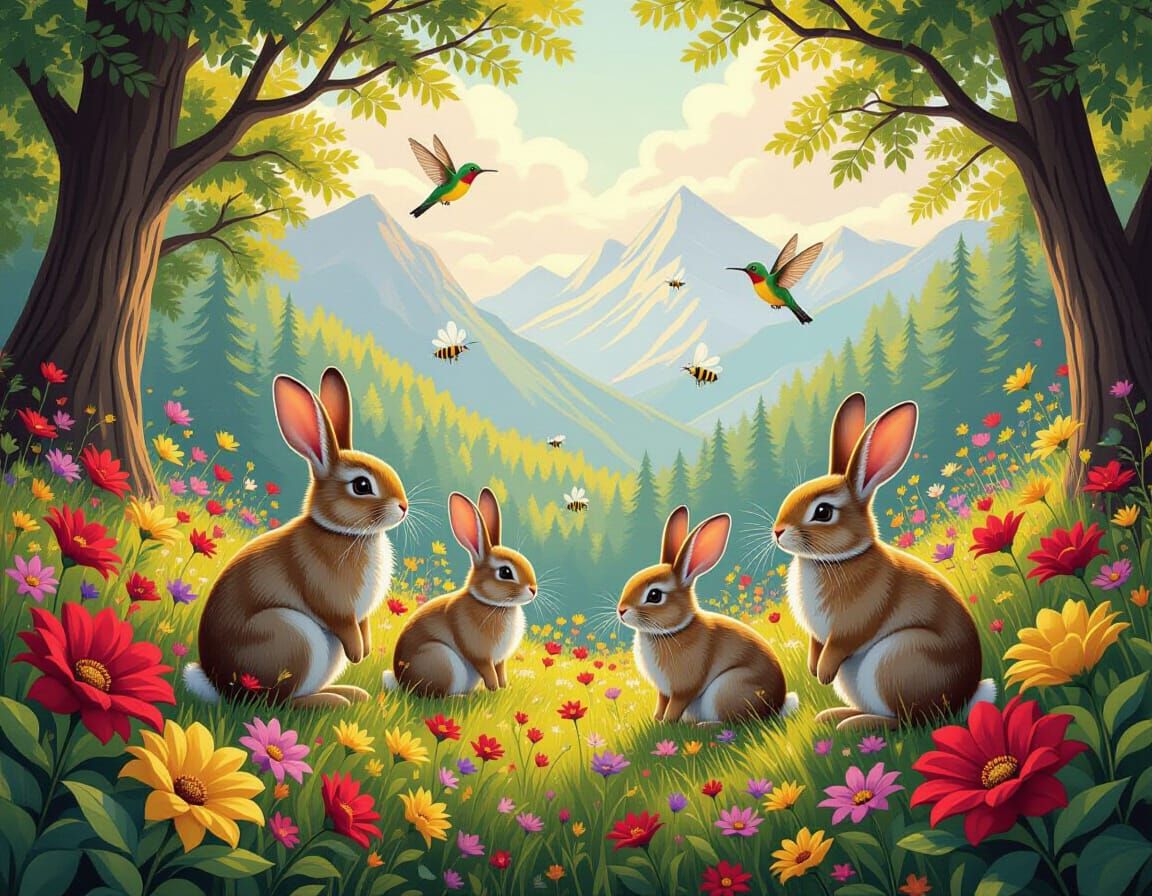 Rabbits in Lush Forest, Naive Art Style