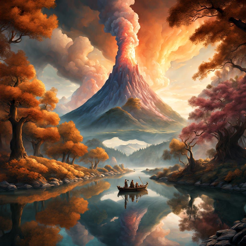 Ethereal Volcano Eruption in Whimsical Fantasy Forest