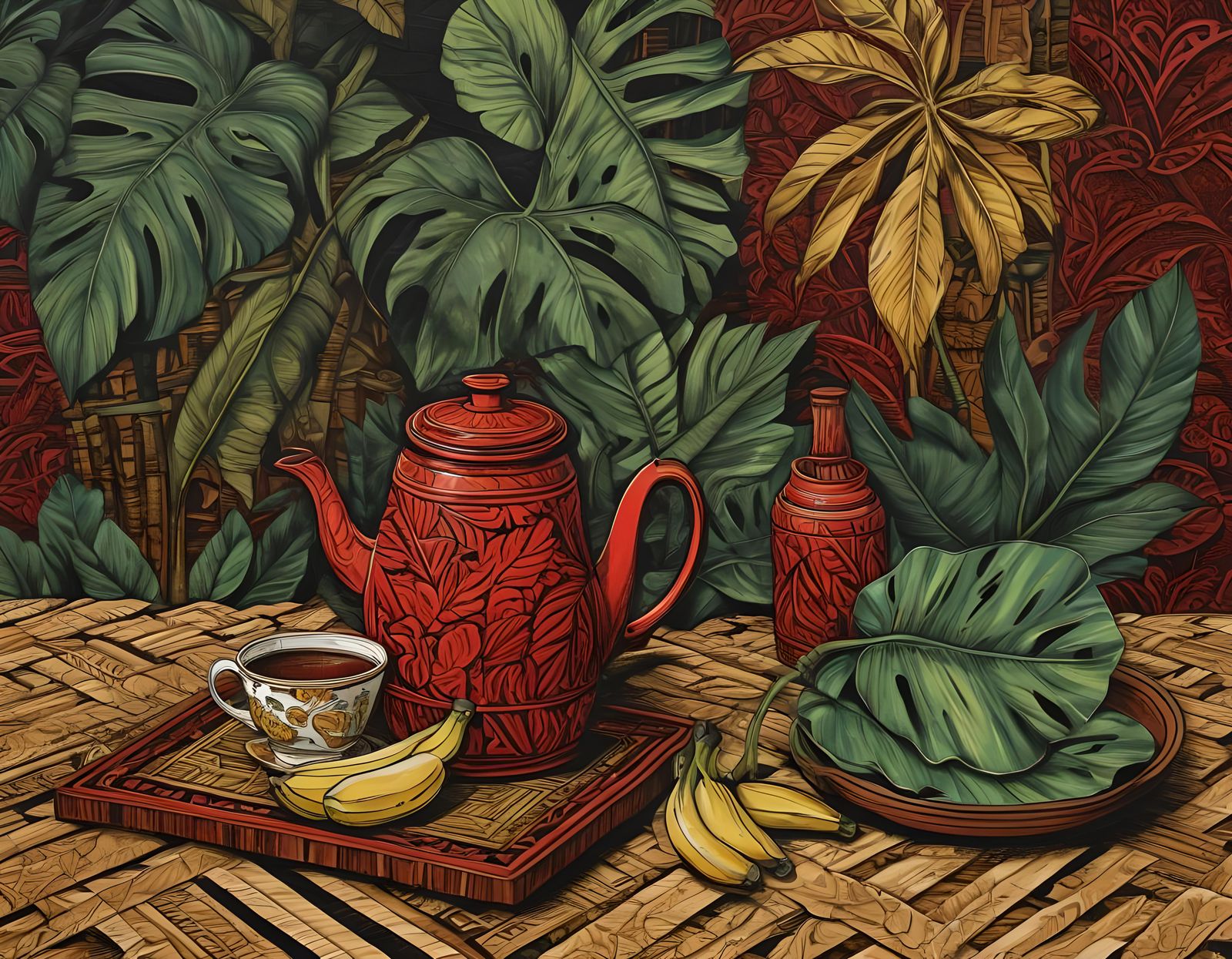 Indonesian Woodcut Print of Teapot and Bananas