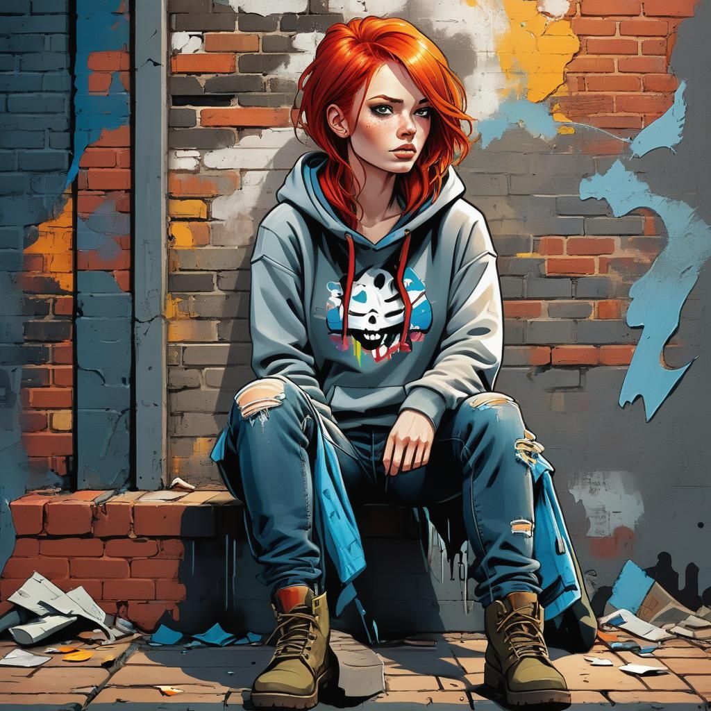 Red-Haired Woman in Urban Comic Book Art