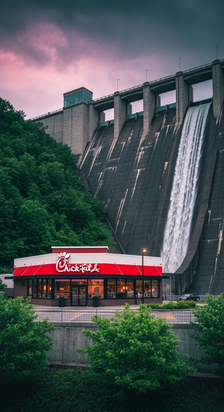Chick Fil A Restaurant Beside Towering Dam