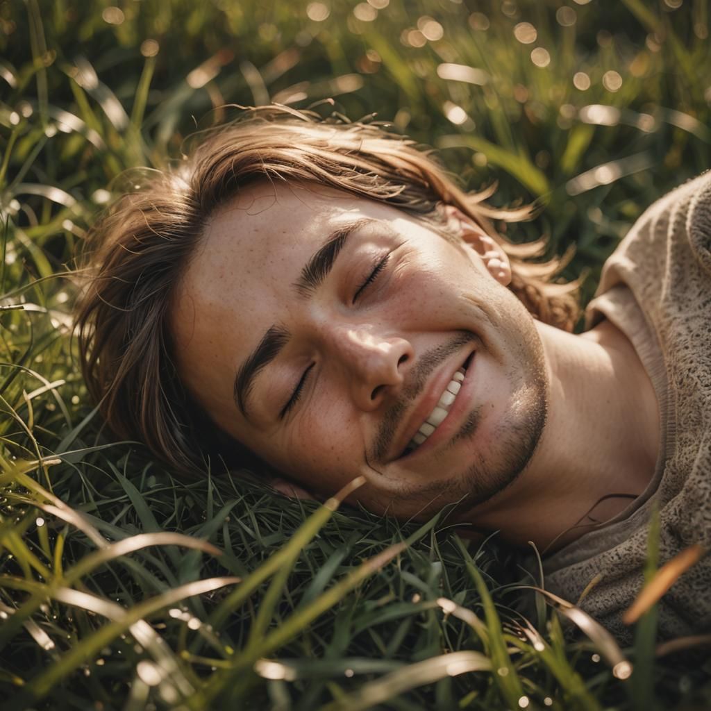 Dreamy Sleep in Grassy Field: Hyper-Realistic Photography