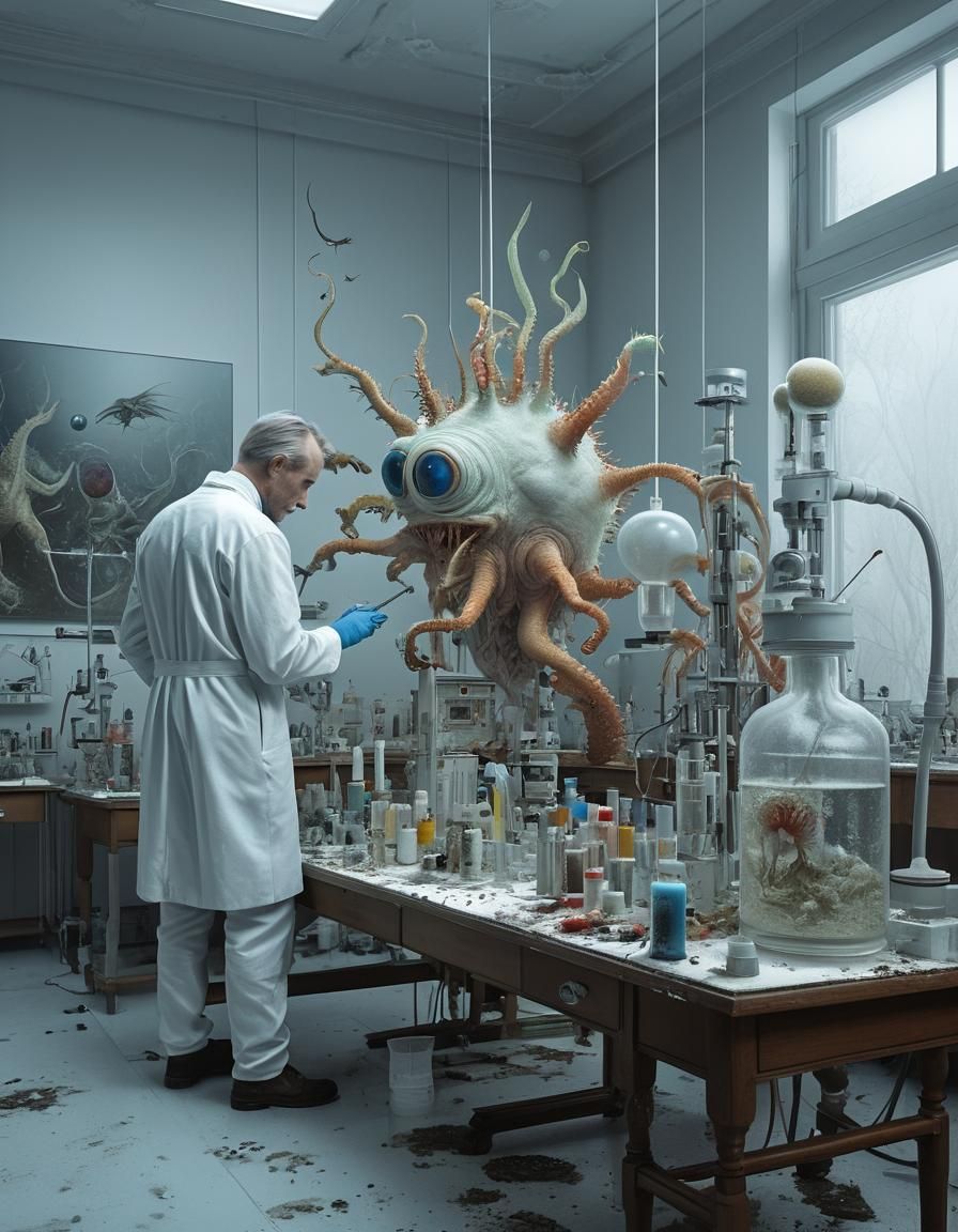 Bizarre Creatures in White Lab: Surreal Matte Painting