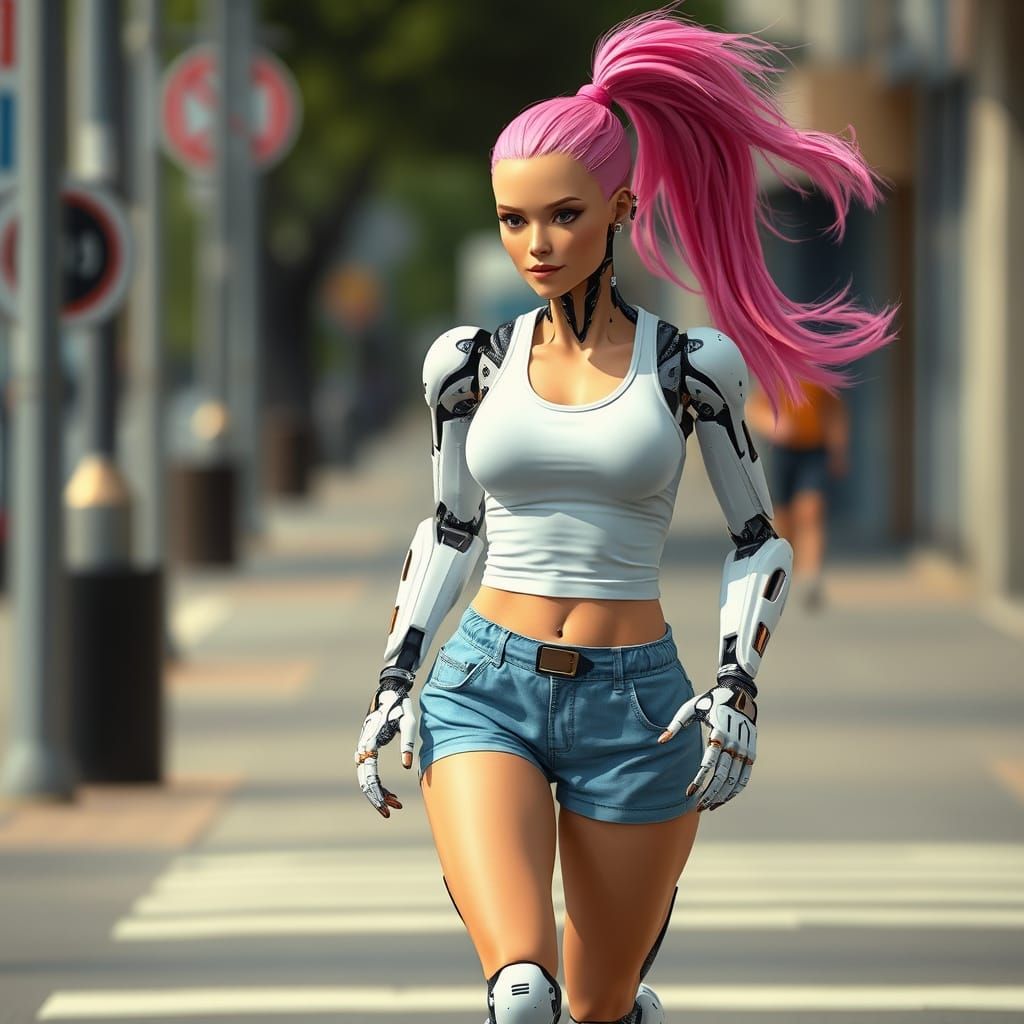 Realistic Cybernetic Android Woman Running Down Street