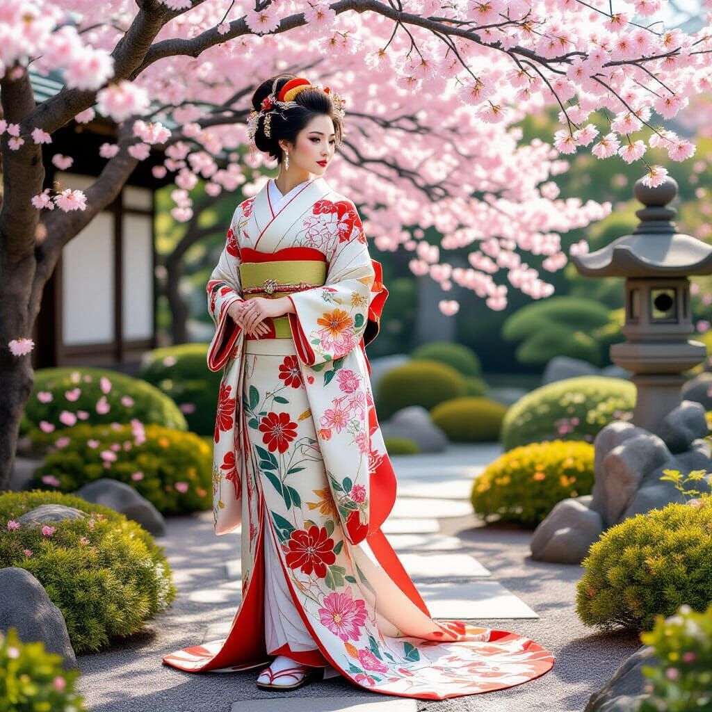 Woman in Kimono with Cherry Blossoms, Art Nouveau Style
