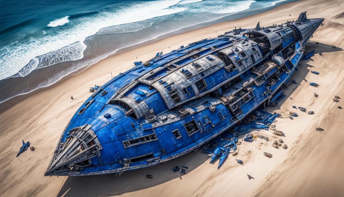 Crashed Starship City on Ocean Beach, Hyperrealistic
