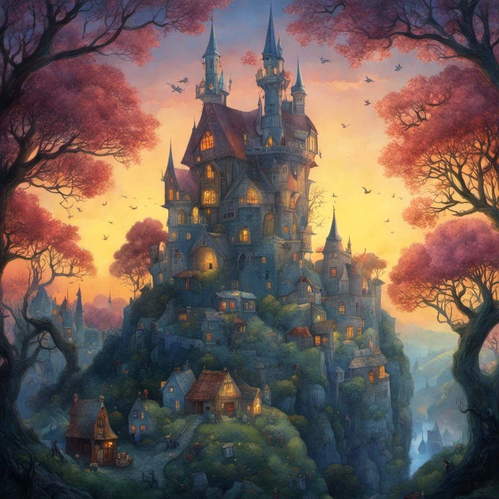 Medieval Town Sunset: Detailed Surrealist Illustration