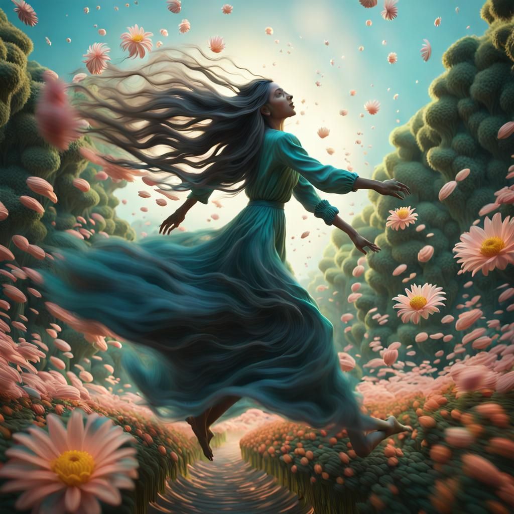 Woman Leaping with Flower in Surreal Octane Render