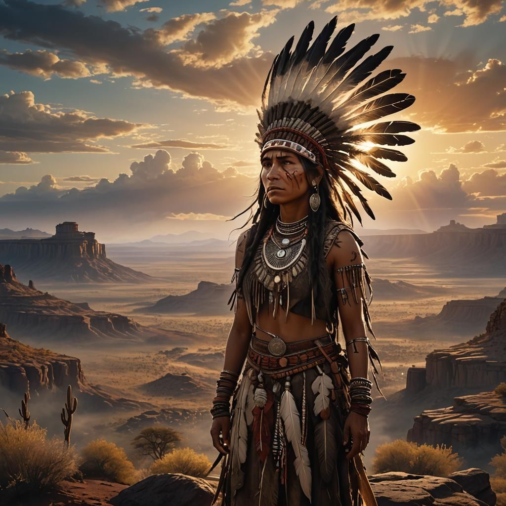 Apache Woman Gazing at Setting Sun in Digital Art