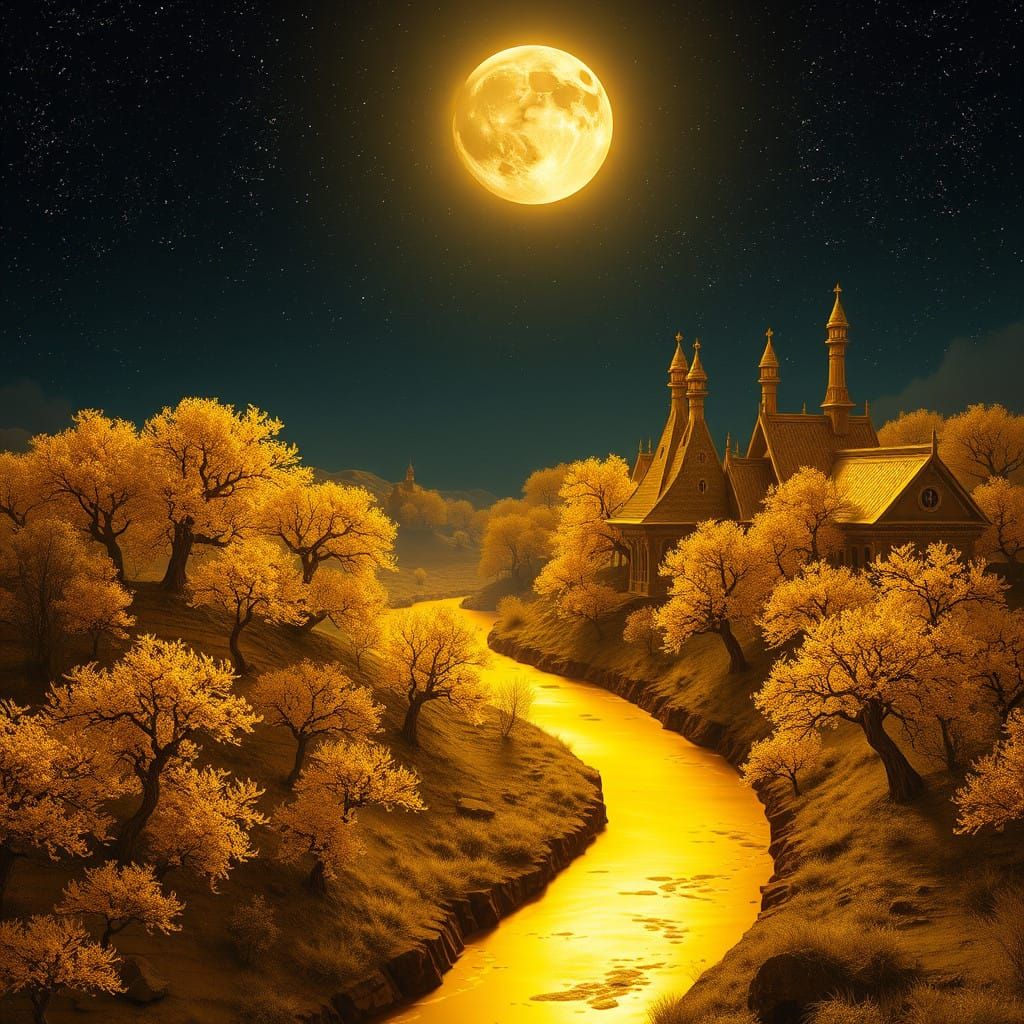 Surreal Golden Landscape with Futuristic Metallic Trees and ...