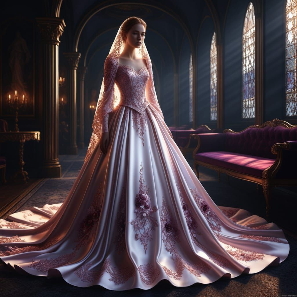 Ethereal Crimson Wedding Dress with Opulent Fantasy Art