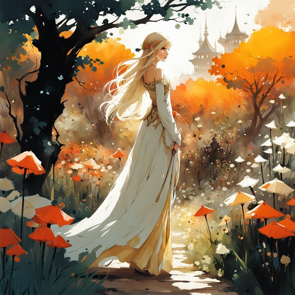 Fantasy Elf Queen in Garden: Ink Painting