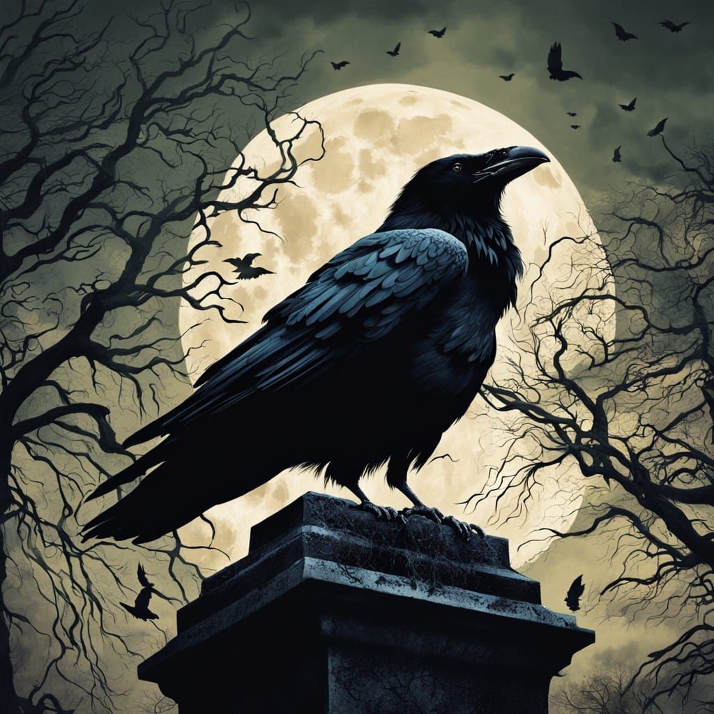 Raven on Tombstone in Ominous Gothic Cemetery