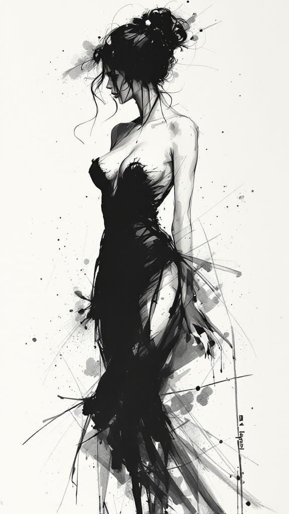 Elegance in Black and White Ink Brush Art