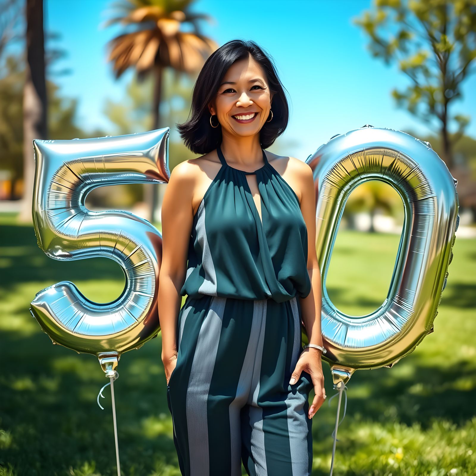 Joyful Woman Celebrates 50th Birthday in Sunny Park