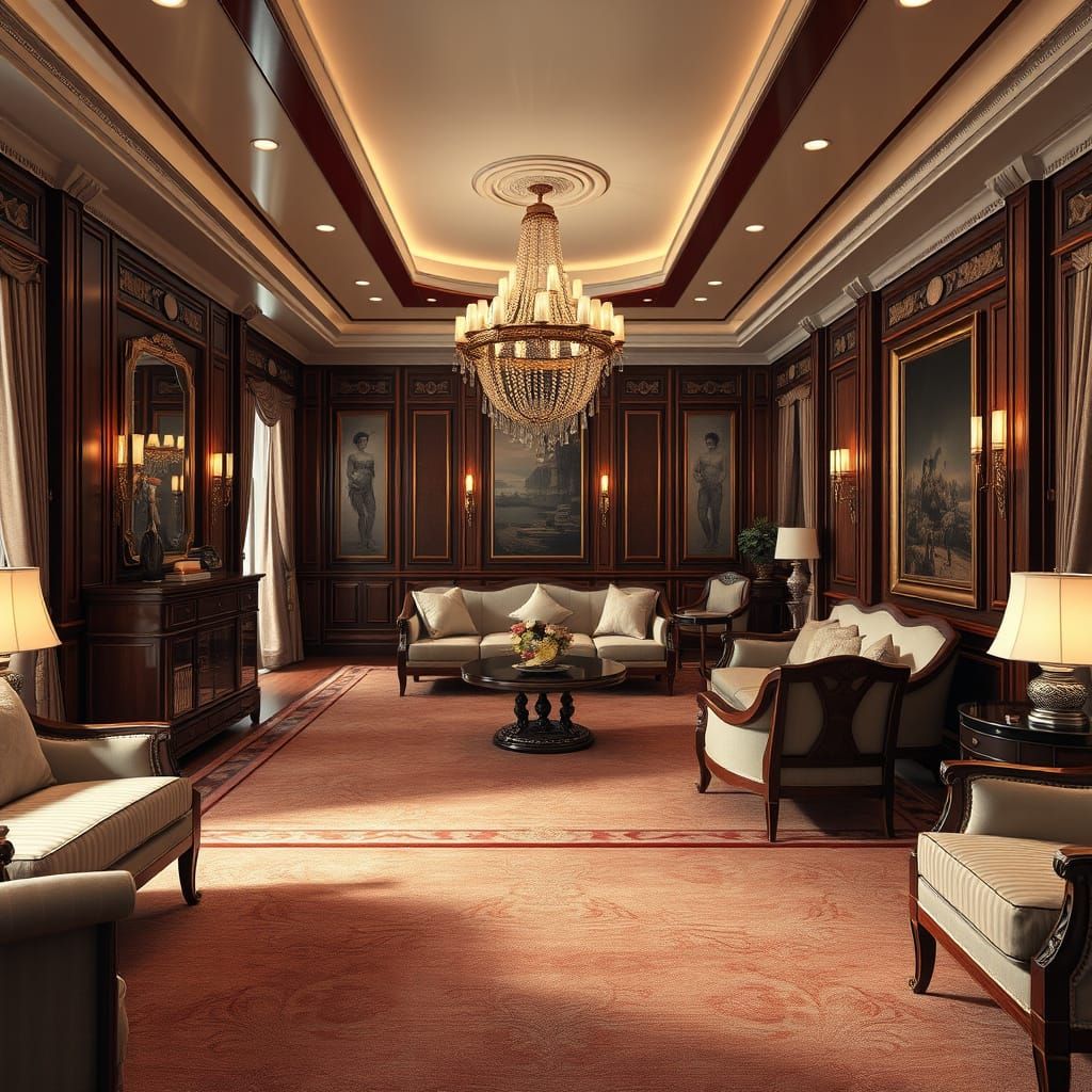 Luxurious Living Room with Mahogany Furnishings in 3D