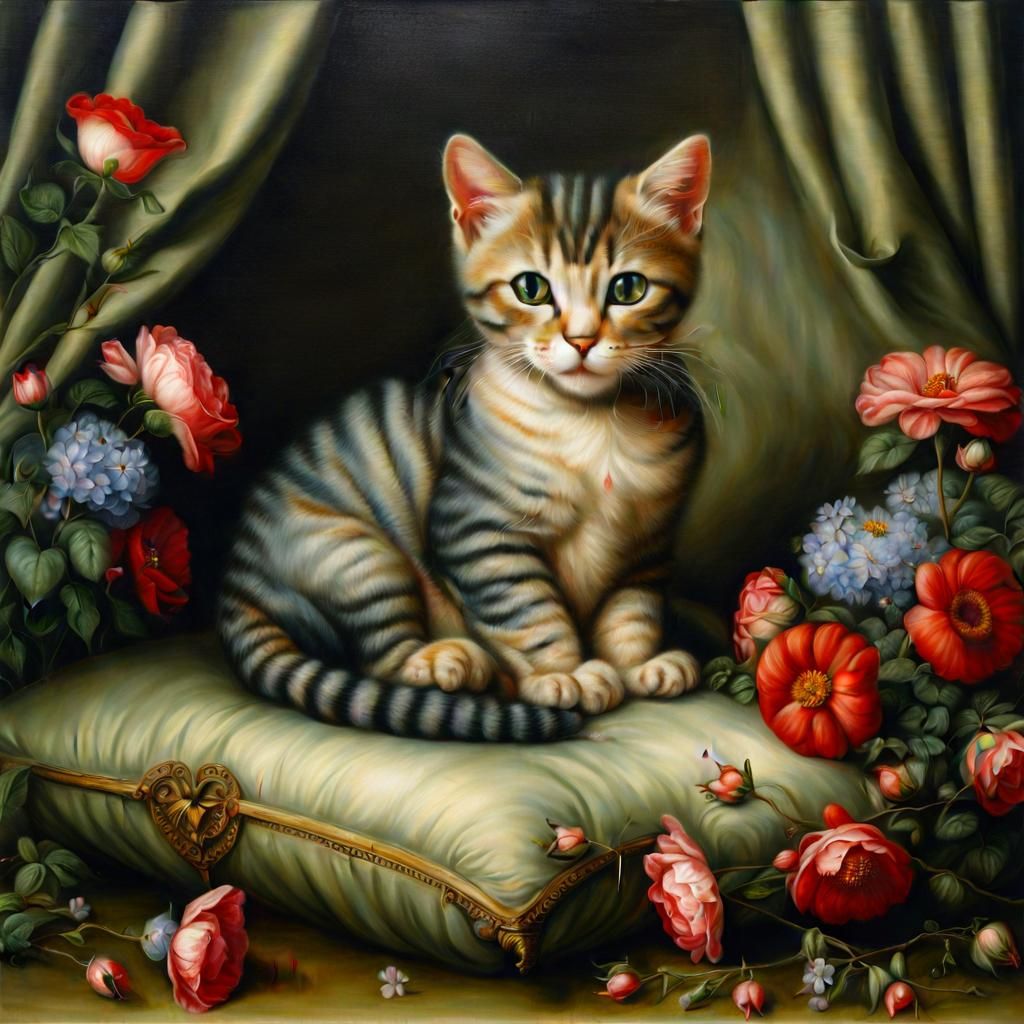 Cute Cat with Flowers in Neo-Symbolist Style