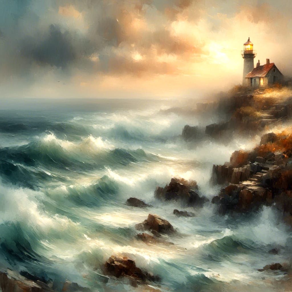 Dramatic Coastal Lighthouse Painting in Turner Style