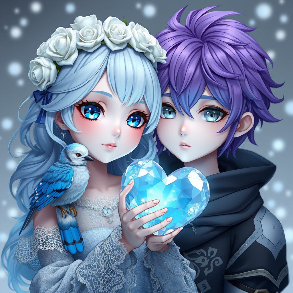 Anime Style: Girl with Bluejay and Boy with Heart