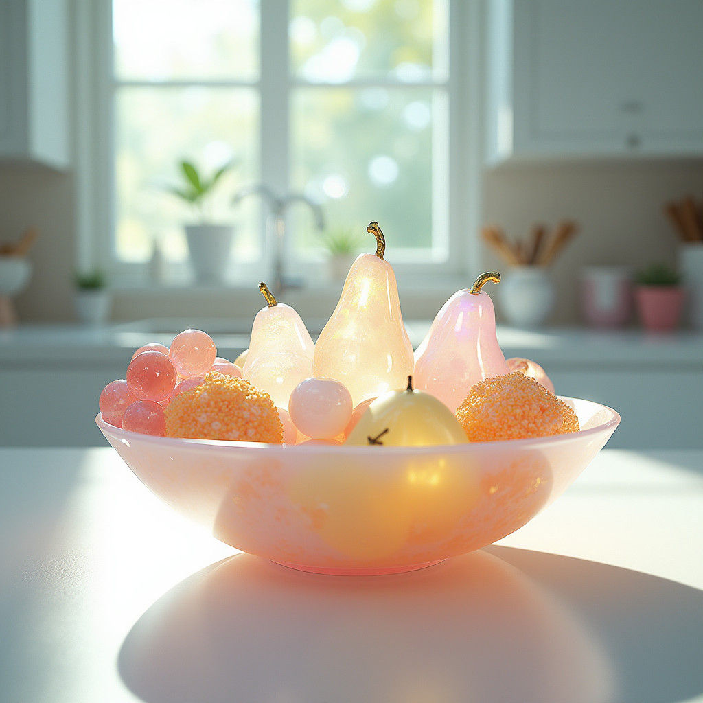 Ethereal Glass Fruit Still Life in Hyperrealistic Style