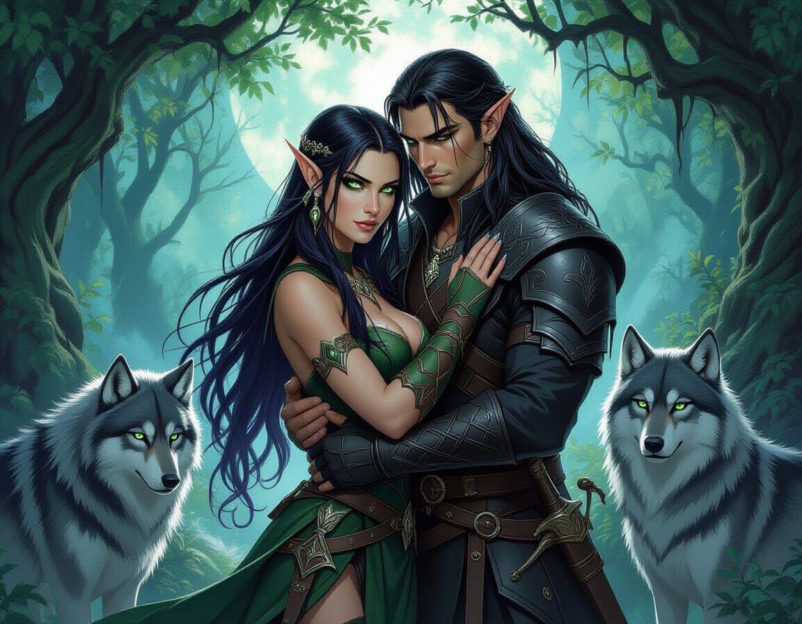 Elf Warriors and Wolves in Moonlit Forest