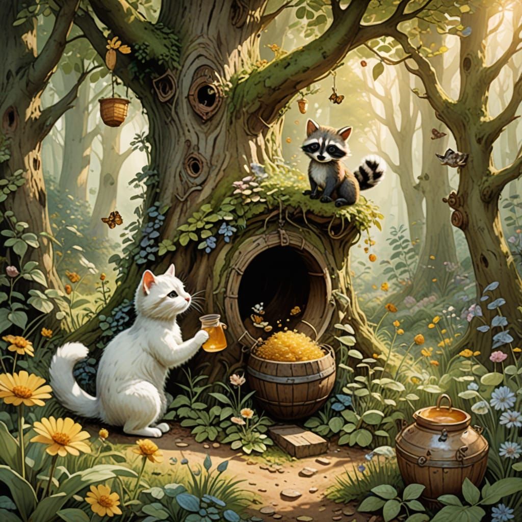 Whimsical Forest Honey Pot Raid in Soft Watercolor Style