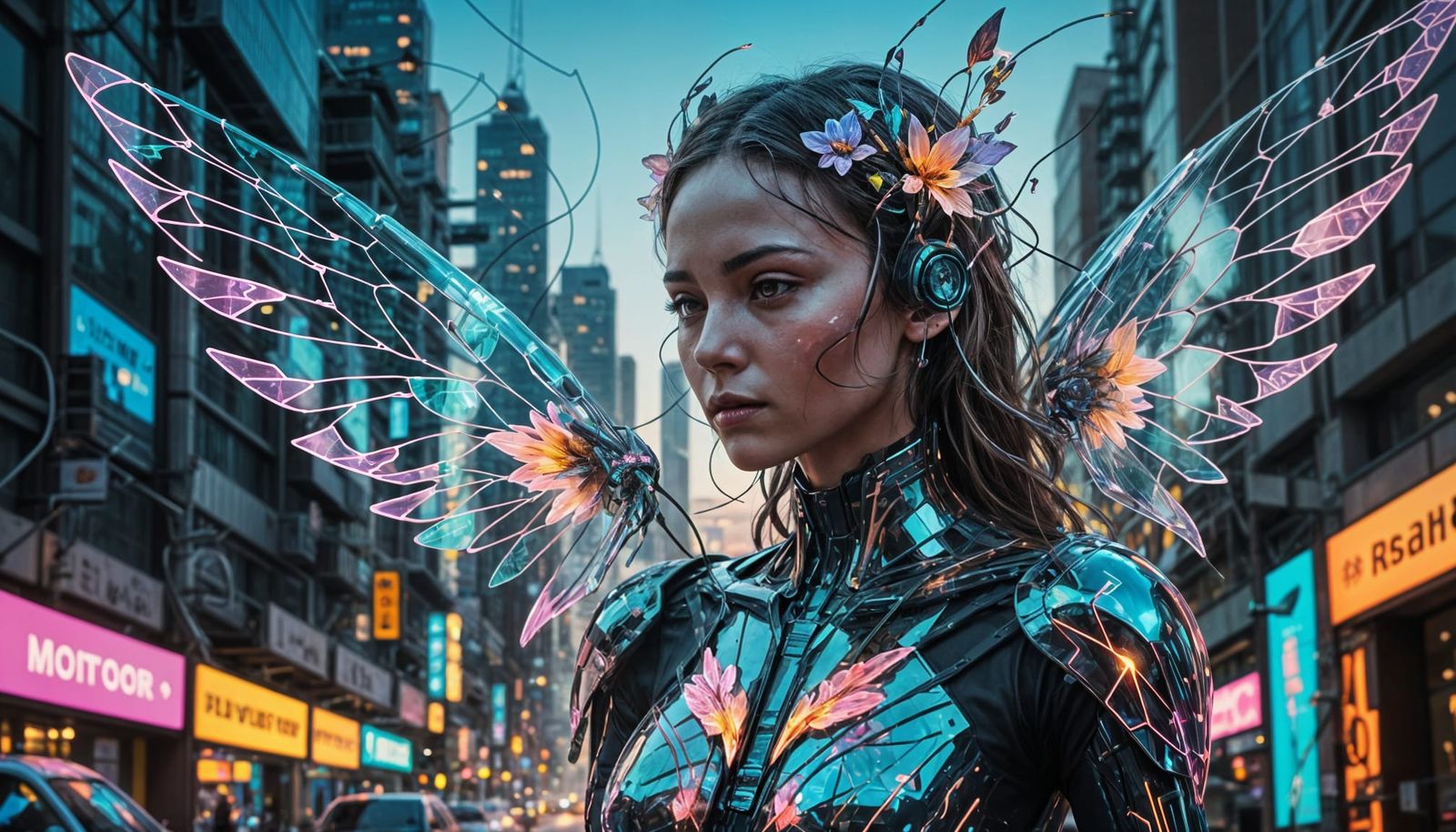 Radiant Cyborg Emerges with Neon Wings