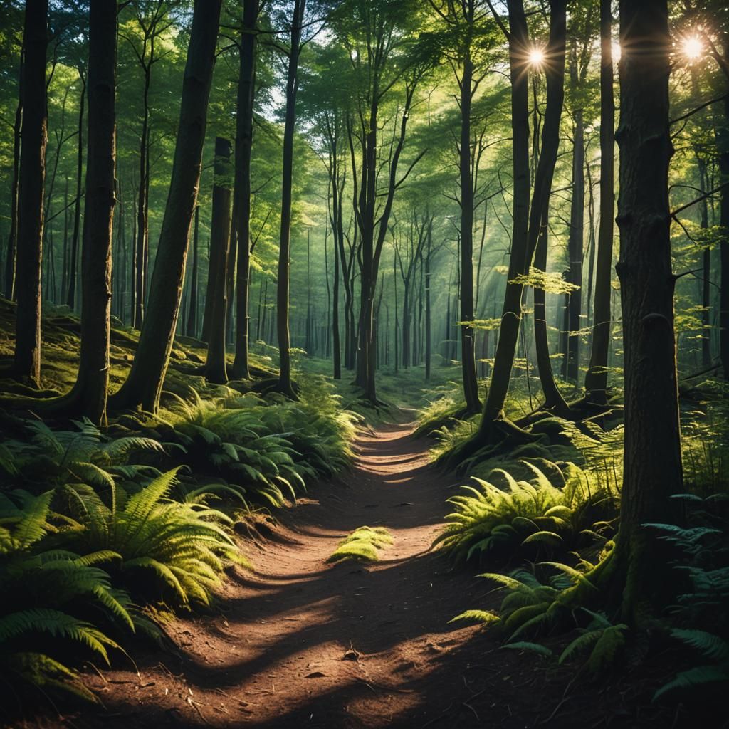 Shimmering Hidden Path in Forest: Cinematic Film Still