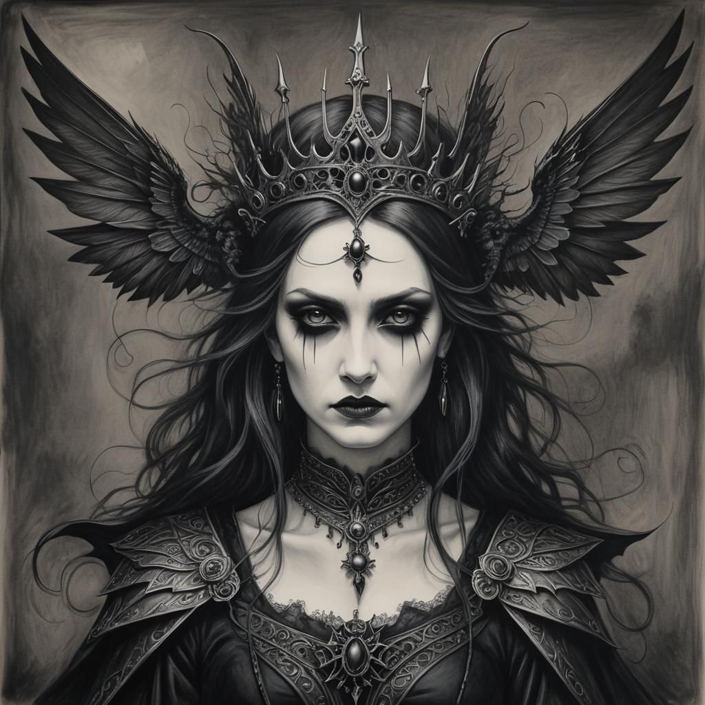 Gothic Queen Mab in Dystopian Charcoal Drawing