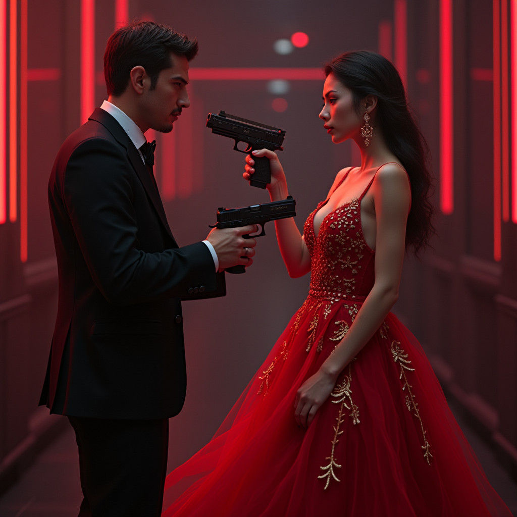 Crimson Gown: A Neon-Infused Cyberpunk Standoff