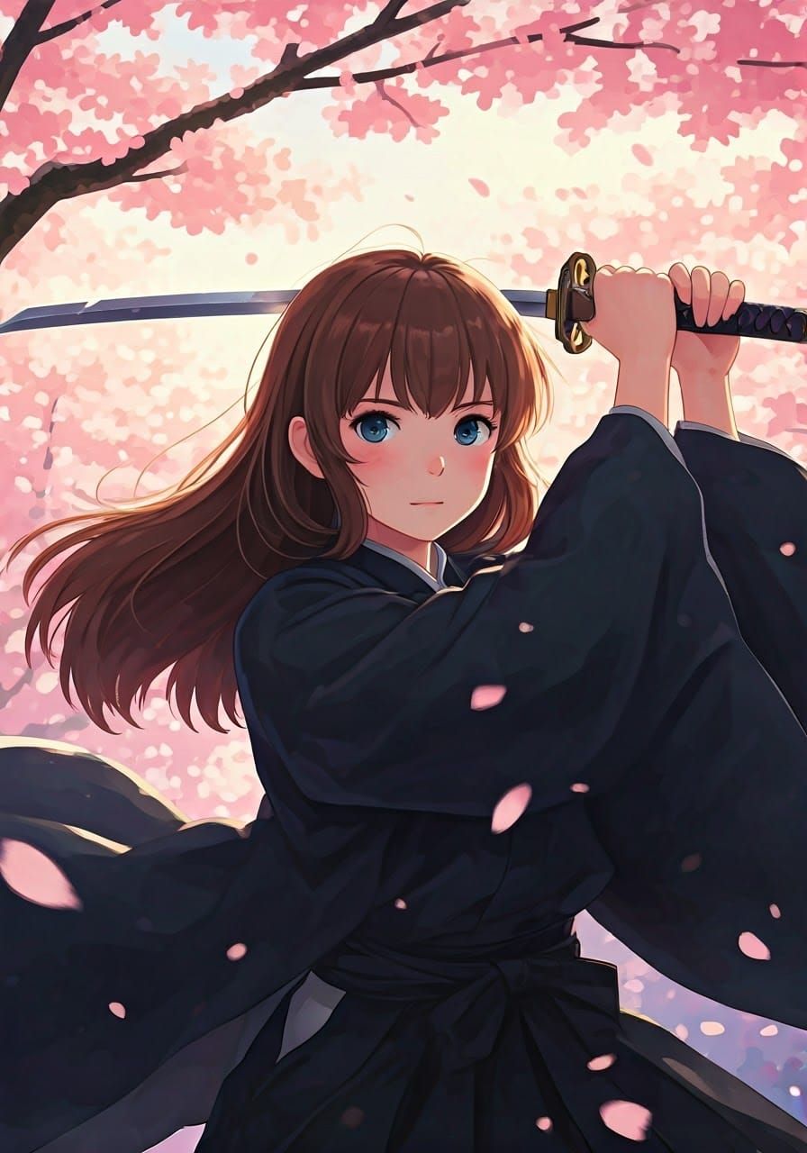Anime Girl with Katana in Cherry Blossoms