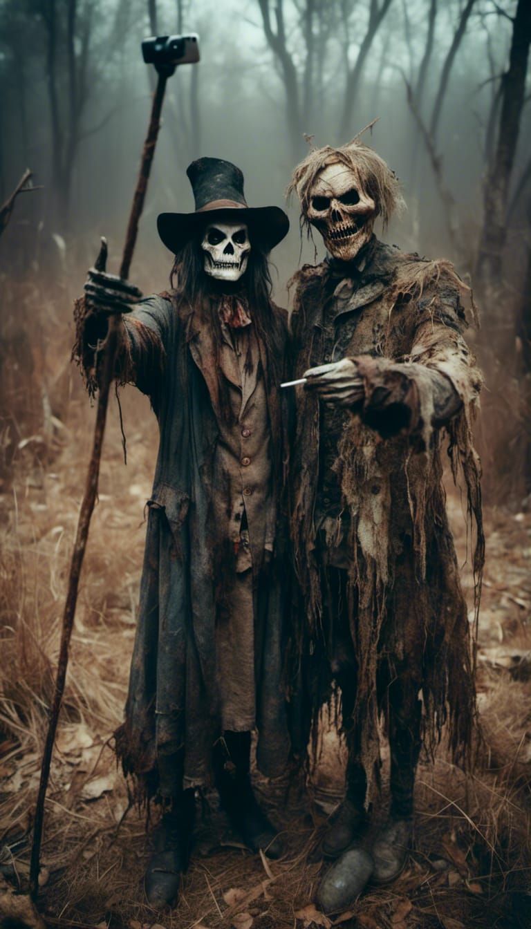 Macabre Selfie: Scarecrow and Witch Capture Spooky Moment