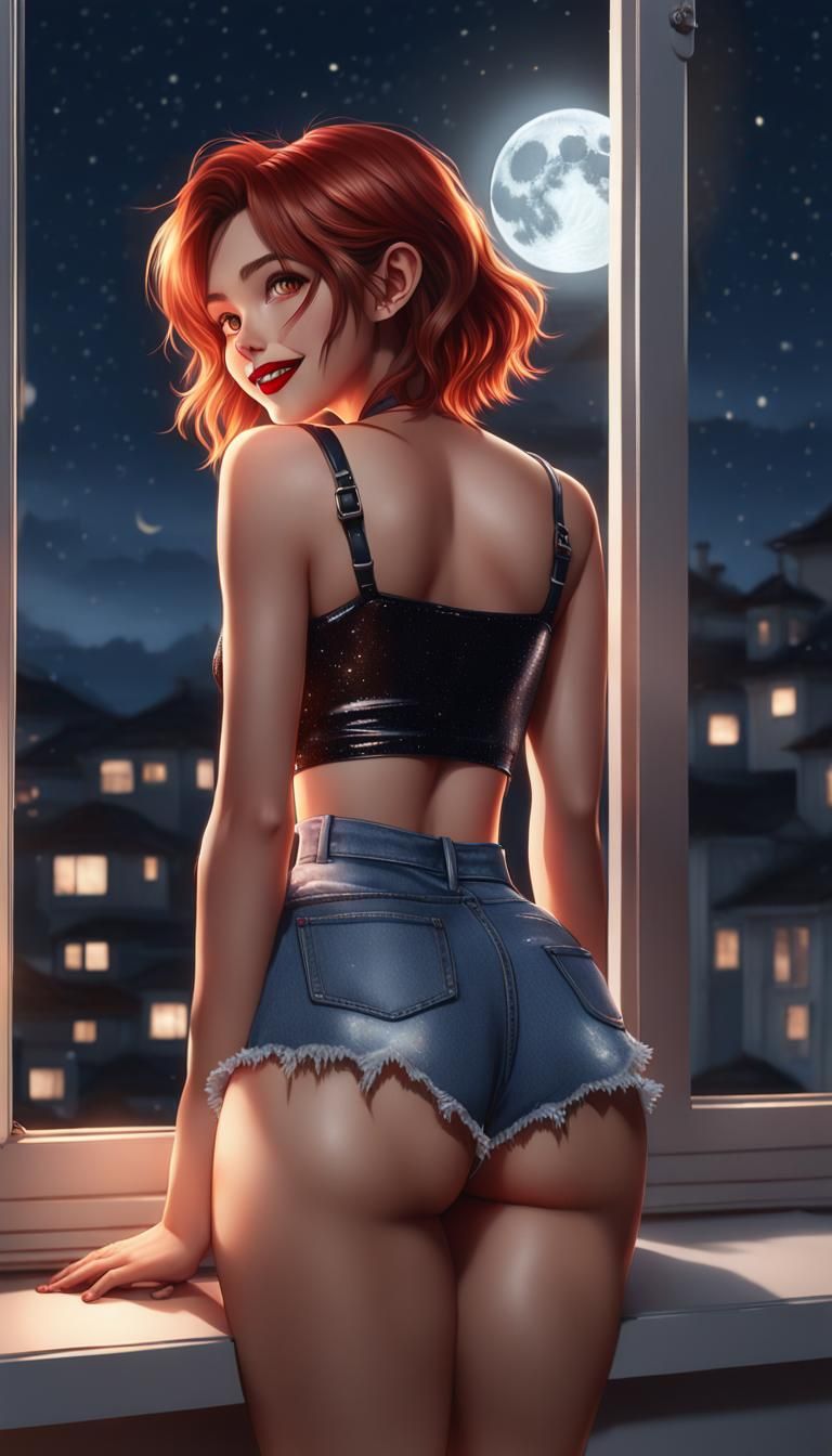 Full body view, cute auburn messy hair, red lips, long eyelashes, tiny boobies, thick thighs, wearing adorable shiny loo...