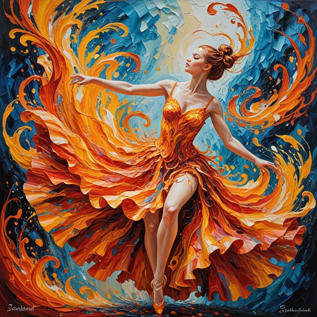 Impasto Painting of Blazing Ballerina in Vibrant Swirling Mo...