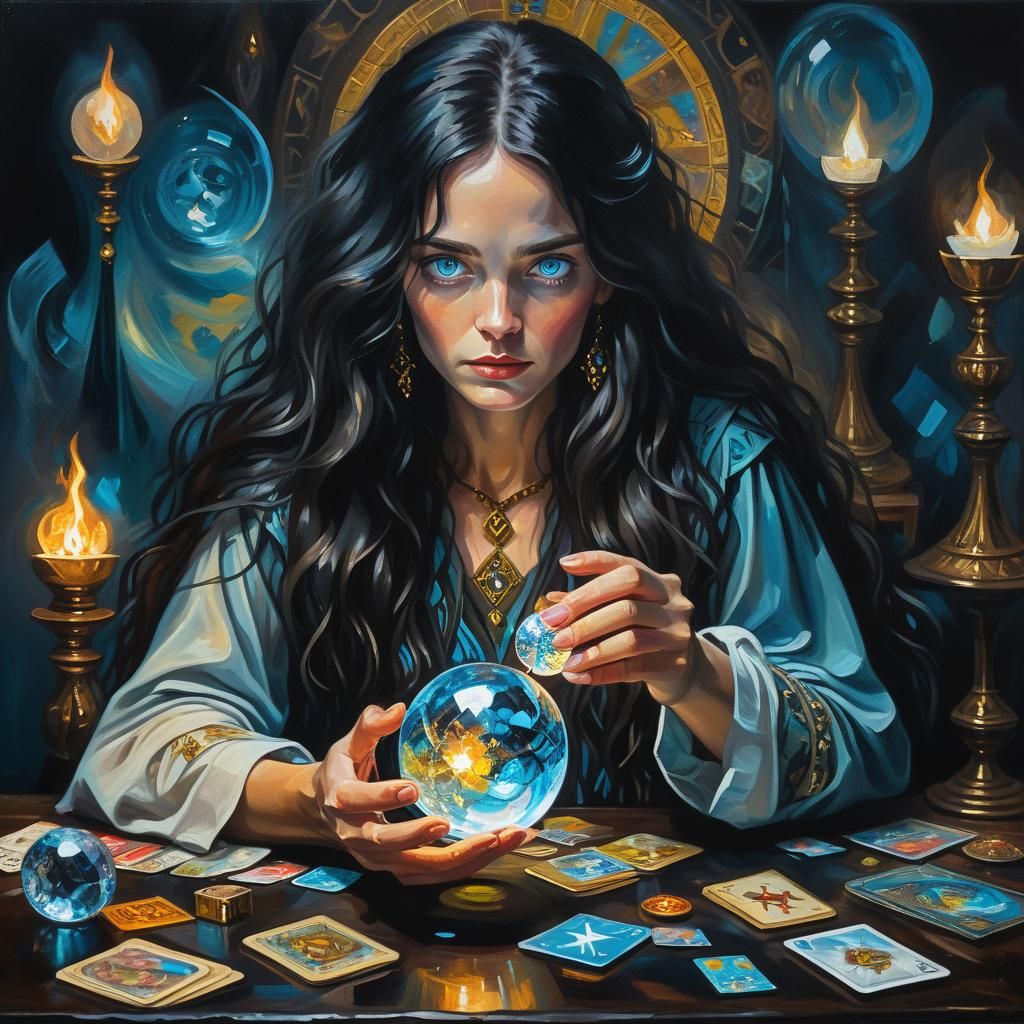 Mysterious Woman with Crystal Ball, Neo-Expressionist Oil