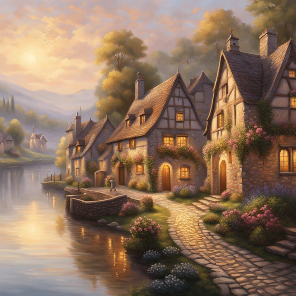 Medieval Village at Dawn in Classic Realism