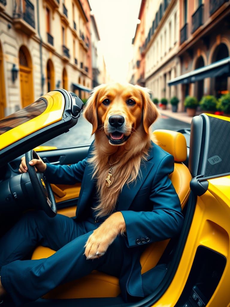 Sleek Golden Retriever in Navy Suit Drives Yellow Ferrari Co...