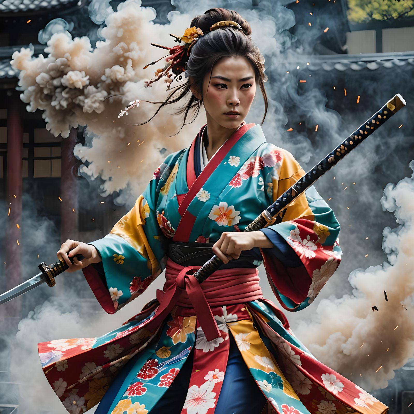 Dynamic Samurai Warrior in Japanese Kimono