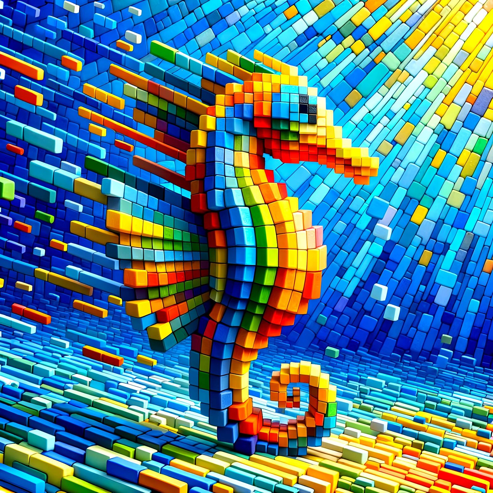 Cubist Seahorse in a Vibrant Underwater Dreamscape