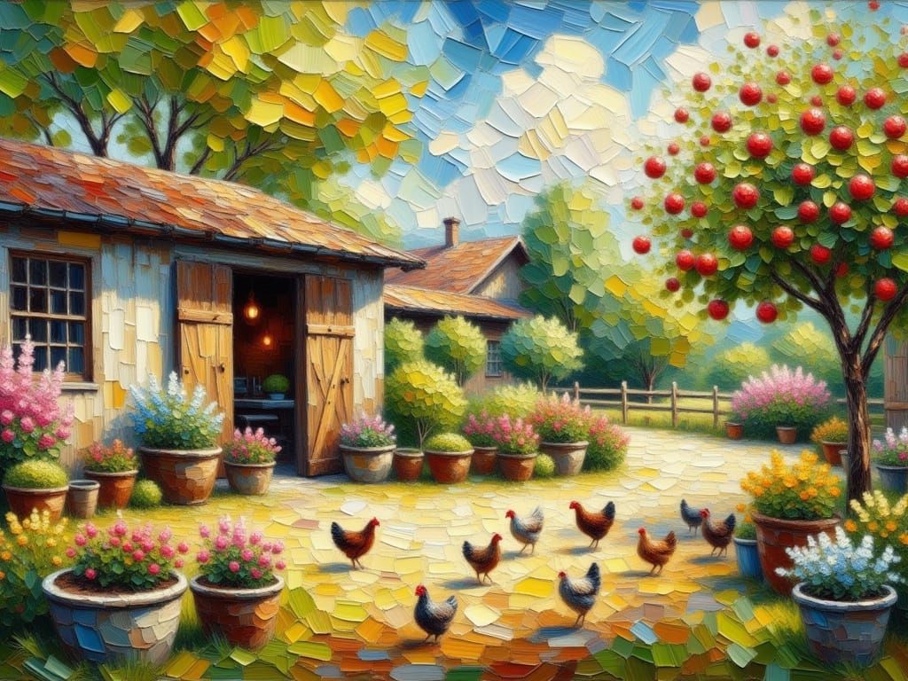 Tranquil Courtyard Impasto Oil Painting