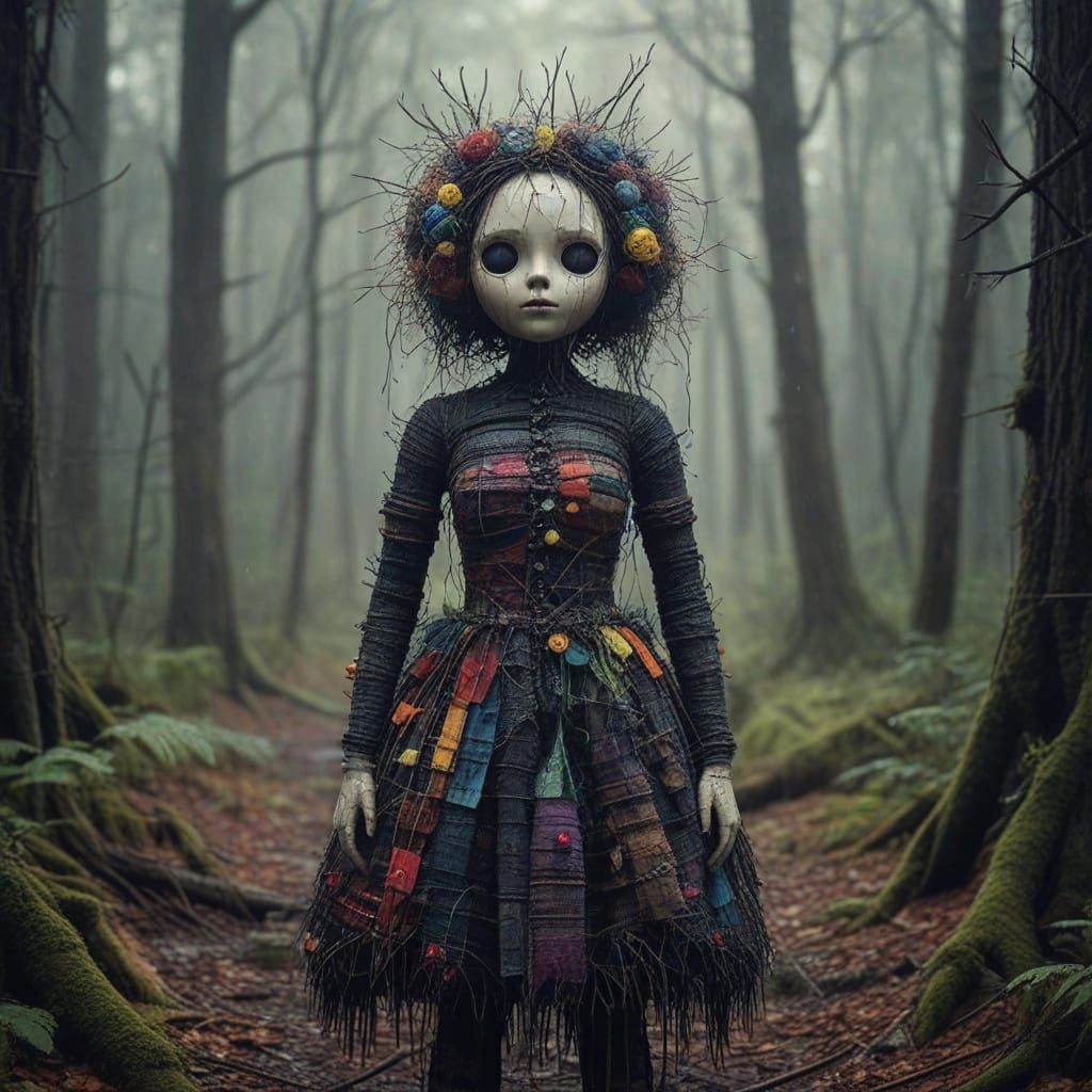 Surreal Yarn Doll in Rainy Forest Surrounded by Pins