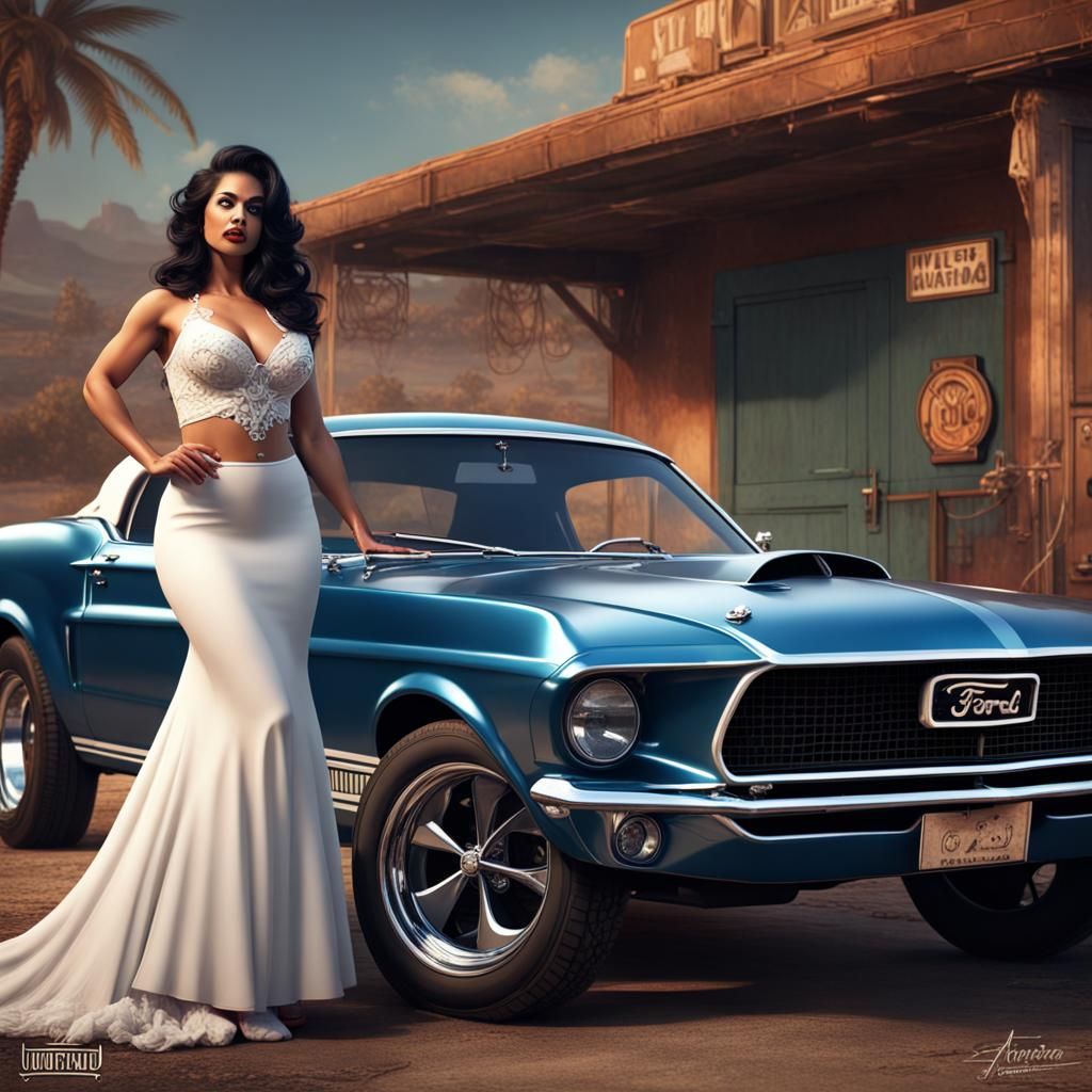 Latina Bride with 1970 Mustang: Detailed Matte Painting