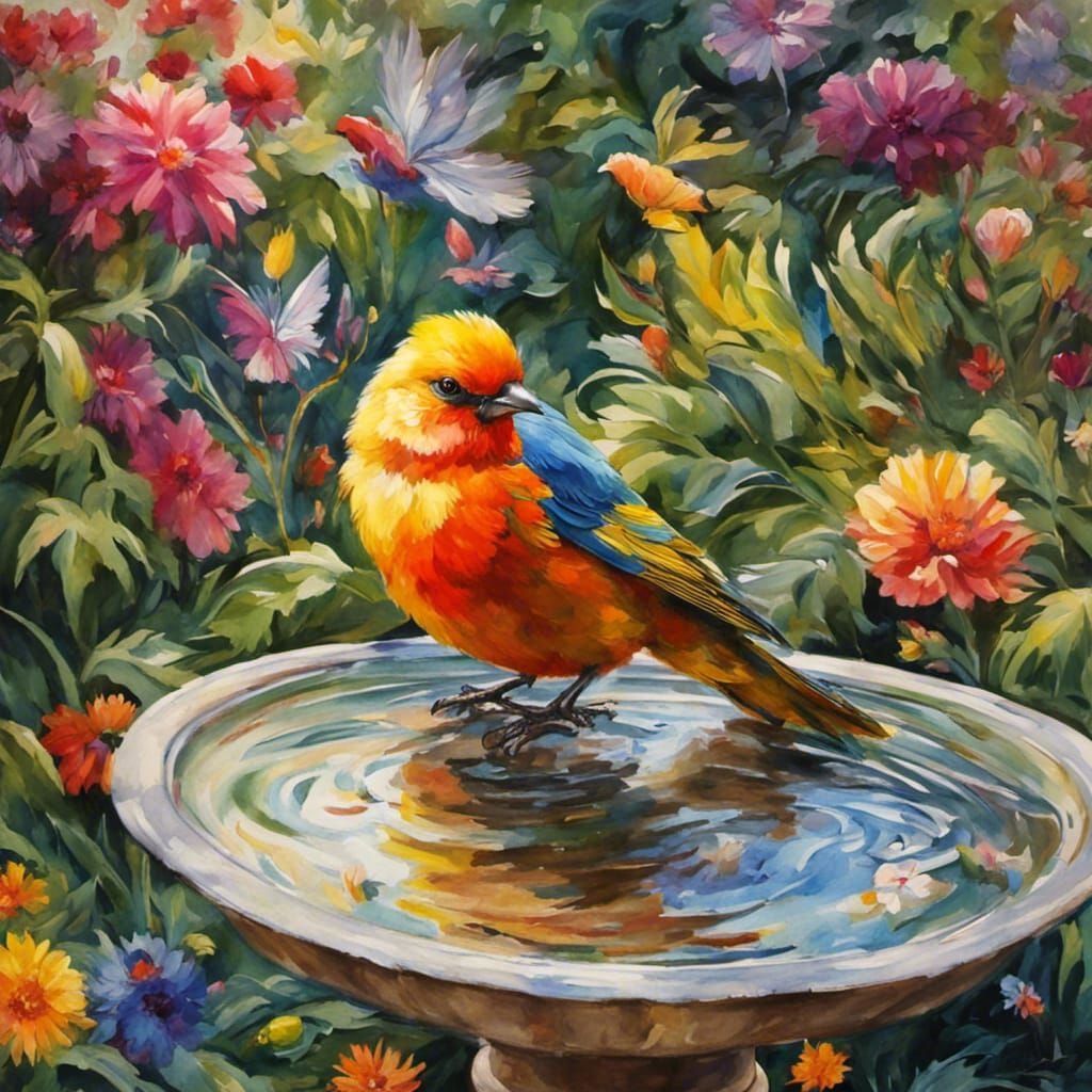 Colorful Bird in Garden Bath