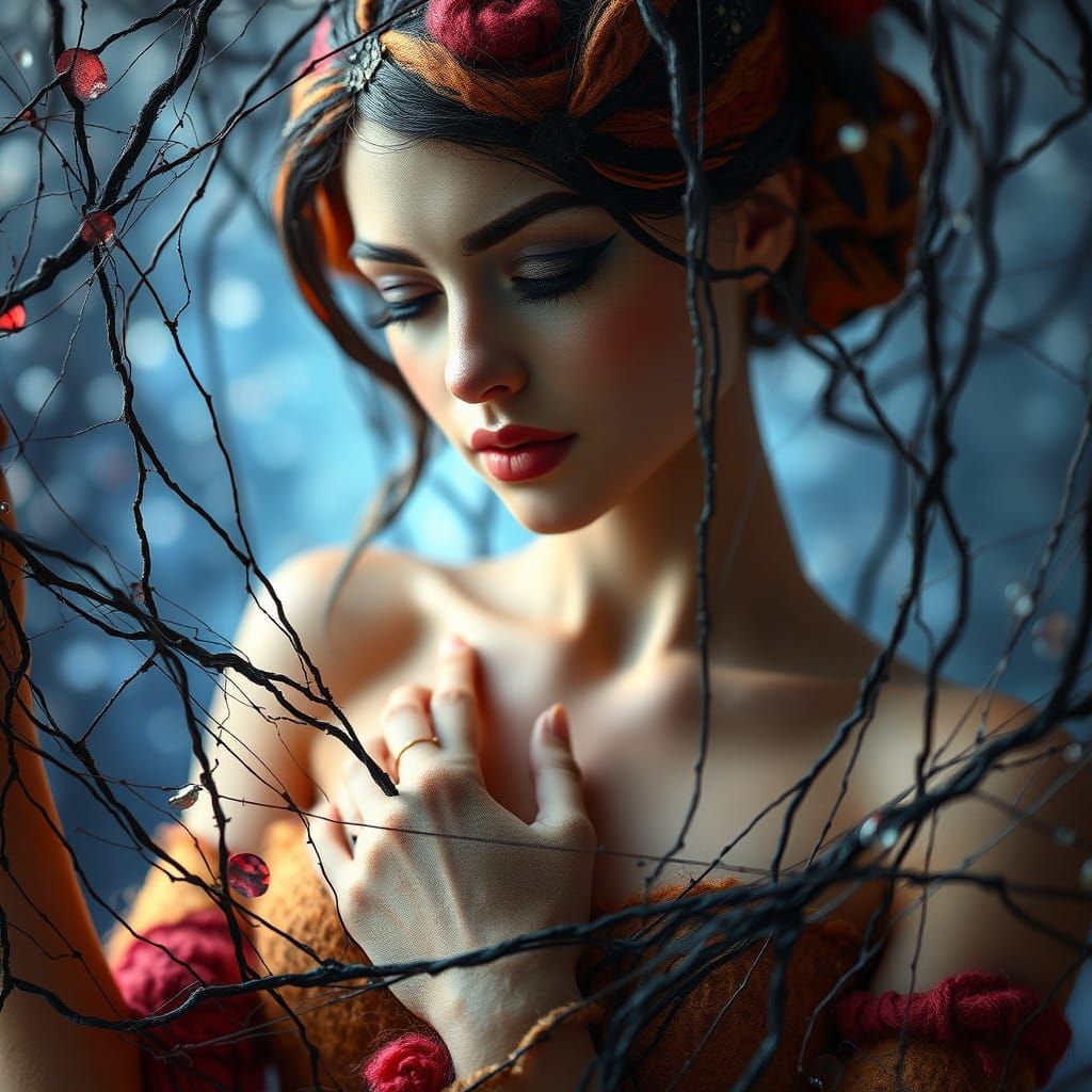 Unraveling colorful felted wool art of a beautiful femme fatale entangled in delicate black satin thread webs. Intricate...